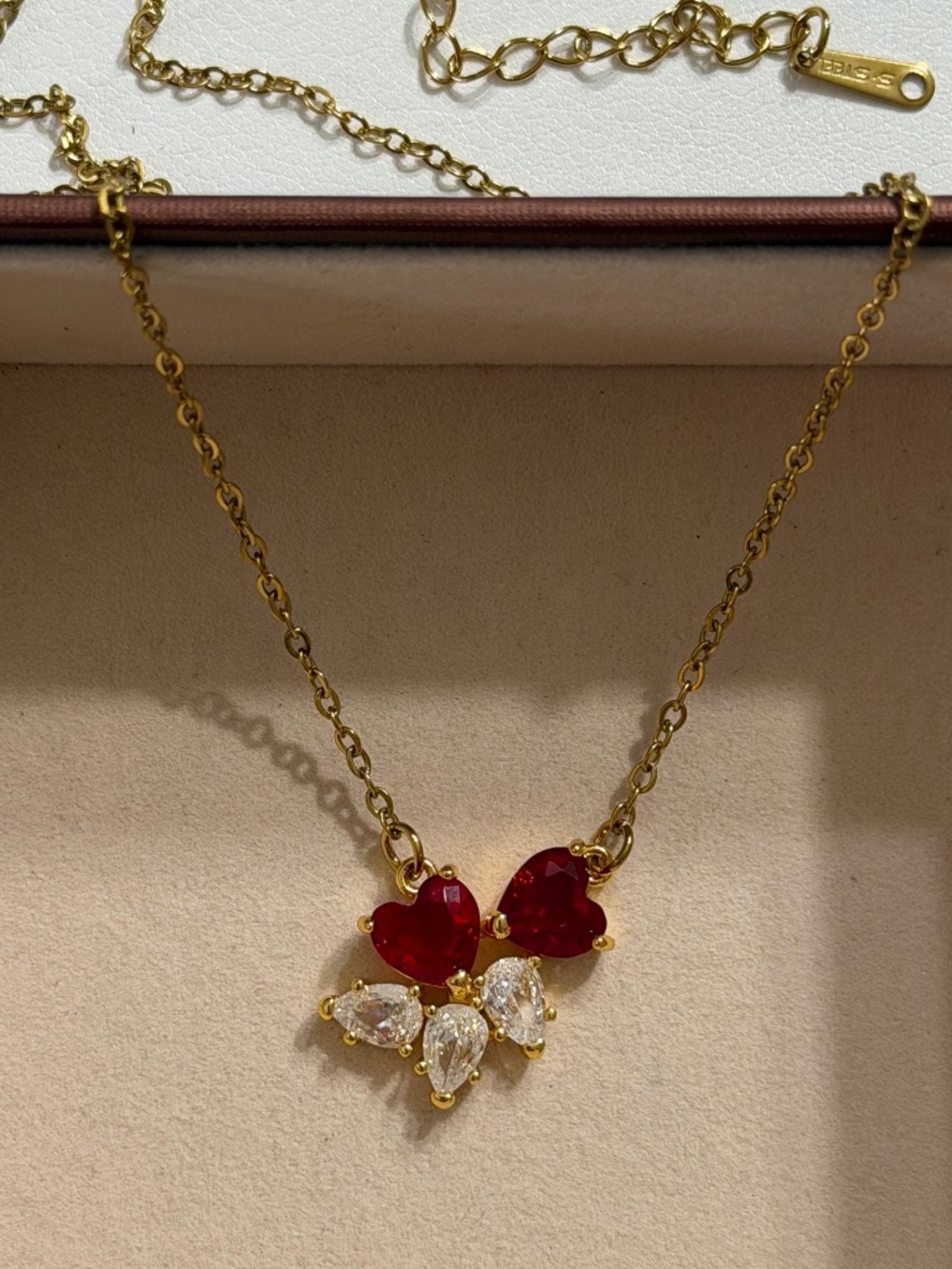 Golden Red Zirconia Heart Pendant Stainless Steel Stamped Necklace Chain